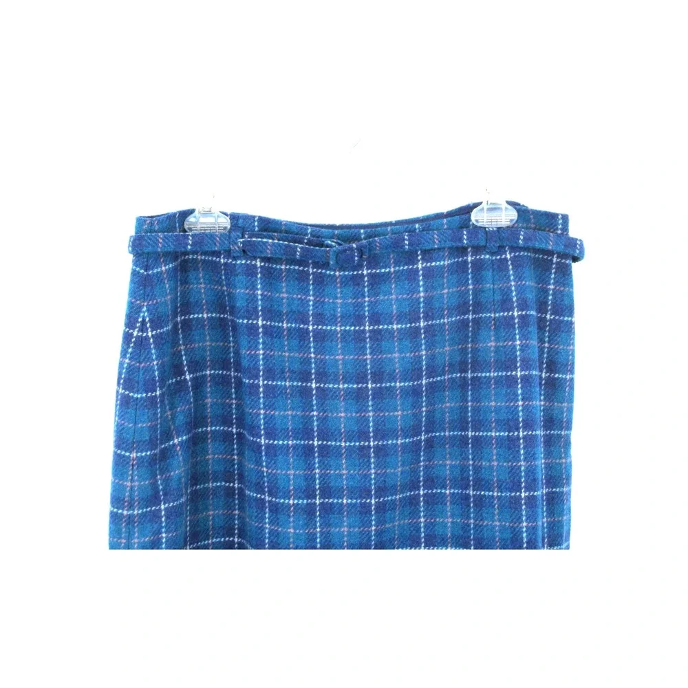 J. CREW Midi Tartan Plaid Skirt Women 14 Blue Wool Blend Belt Academia Old Money